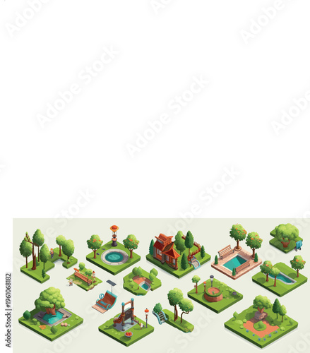 Isometric Park Elements Set, Green Garden Landscape Map Constructor Vector