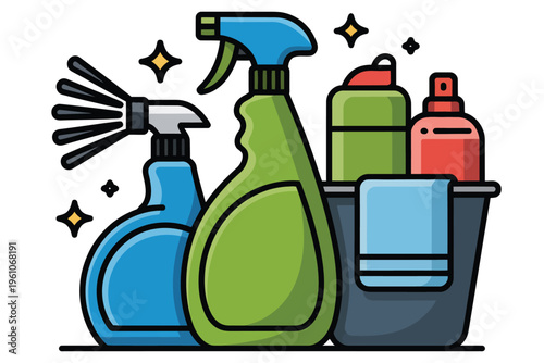 Cleaning supplies set with spray bottles bucket and towel isolated on transparent background for housekeeping and janitorial service concept