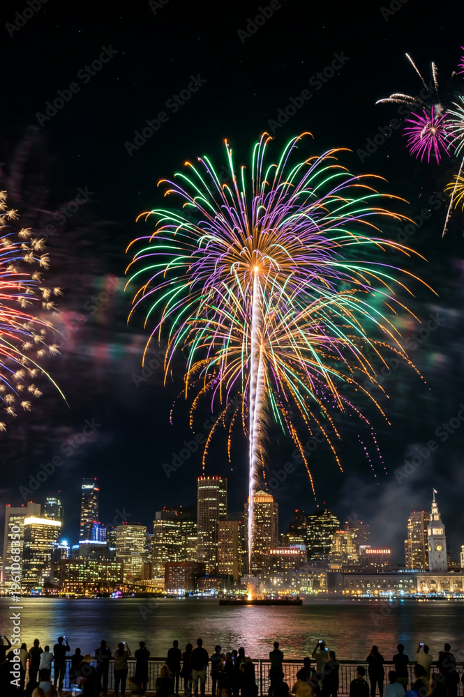 Fototapeta premium Multicolored Fireworks in Night Sky, Festive Celebration Background