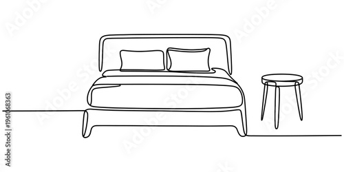 Continuous line drawing of a modern bed with two pillows and a small round bedside table. Vector, illustration