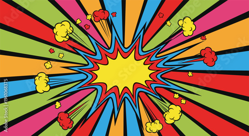 Vibrant comic book explosion with colorful rays and popcorn in dynamic motion for movie night