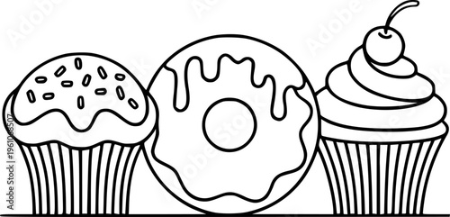 Black and white line of a frosted donut and cupcakes with sprinkles and cherry frosting