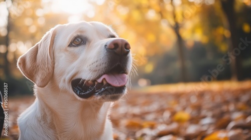 Happy yellow lab in a beautiful autumn park surrounded by colorful leaves and warm sunlight, capturing a moment of joy and tranquility.
