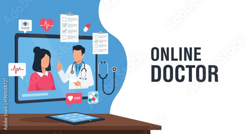 Online Doctor Telemedicine Illustration - Healthcare Video Consultation and Digital Health Services Vector