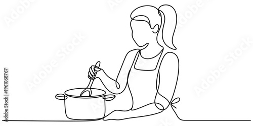 Continuous line drawing of a woman with a ponytail wearing an apron and stirring a cooking pot Vector, illustration