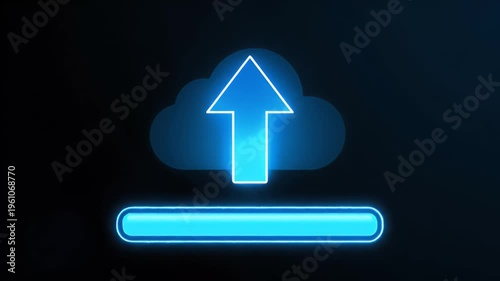 Glowing blue cloud icon with upward arrow and progress bar on black background