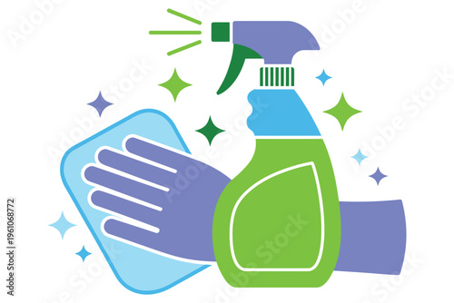 House cleaning service concept, fresh bright illustration showing hand with rag and spray bottle, spring cleanup