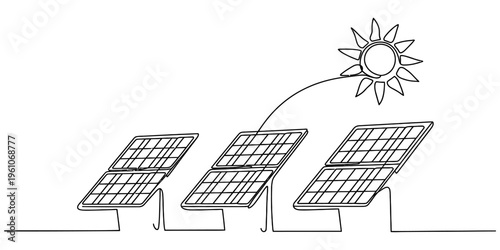 Continuous line drawing of solar panels absorbing energy from the sun in a minimalist style. Vector, illustration