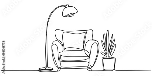 Single line art illustration of a cozy living room interior with armchair floor lamp and plant Vector, illustration