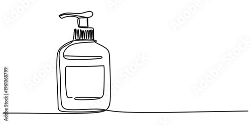 Continuous one line drawing of a liquid soap or lotion dispenser bottle with pump head. Vector, illustration