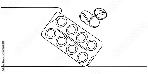 Continuous line drawing of a medicine blister pack with several round pills and tablets Vector, illustration