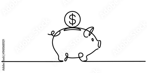 One line drawing of a piggy bank and a dollar coin representing savings and financial growth. Vector, illustration