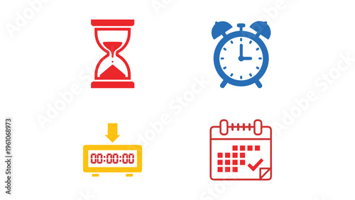 Icons representing time management and productivity tools in a visual layout.