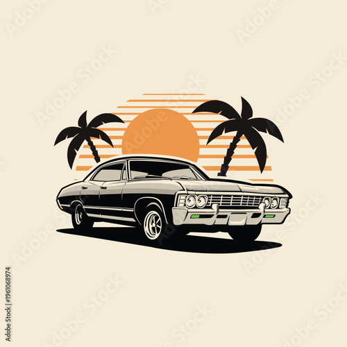 Classic american muscle car on beach vector illustration. Best for automotive tshirt design
