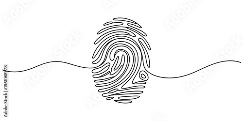 Minimalist continuous line art illustration of a human fingerprint on a white background. Vector, illustration