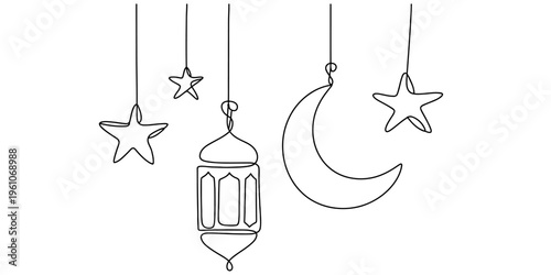 Continuous line drawing of hanging ramadan lantern crescent moon and stars on white background. Vector, illustration