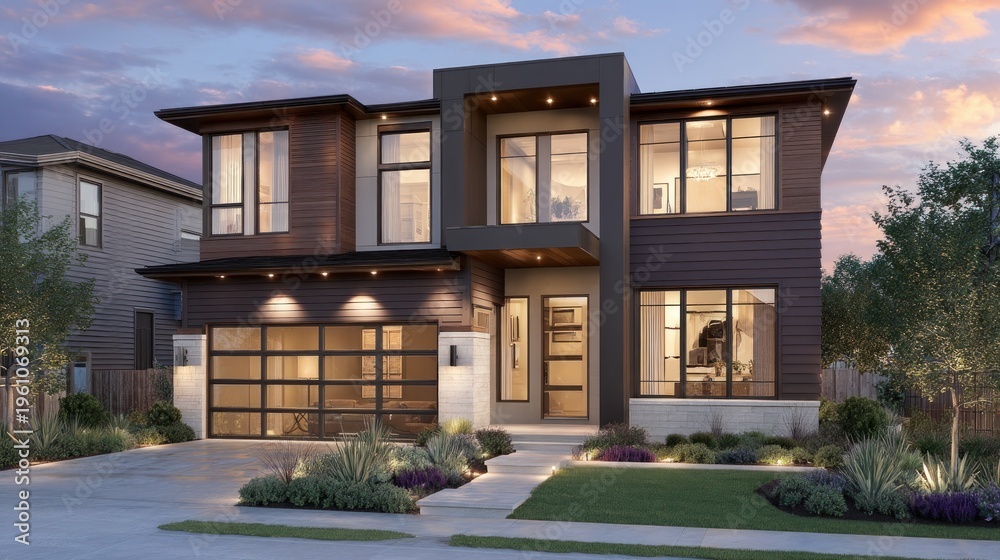 Obraz premium Modern luxury house exterior at dusk