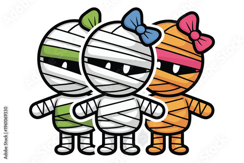 Three cute mummy characters with colorful bows on heads standing together happy halloween concept vector