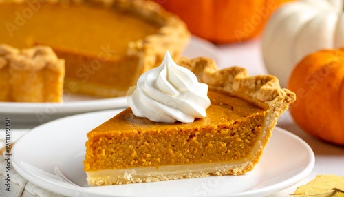 Fotografie Delicious Pumpkin Pie Slice with Whipped Cream Topping.