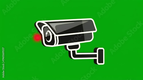 Black security camera with red light on green background