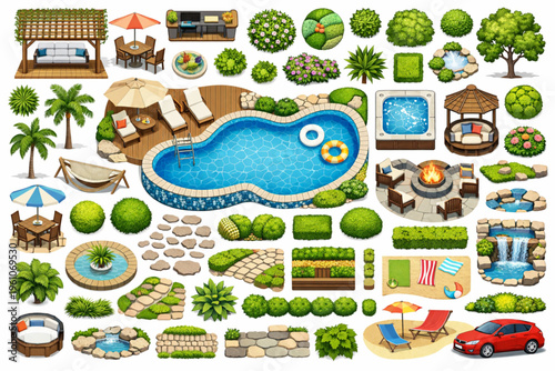 Top-View Landscape Design Vector Set with Pool, Plants, and Outdoor Elements