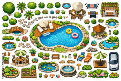 Top-View Landscape Design Vector Set with Pool, Plants, and Outdoor Elements