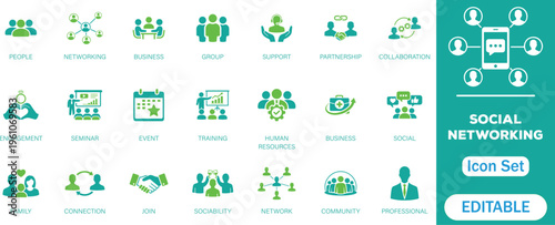Social Networking editable Solid Icon Set. Symbol by community, connection, collaboration, meeting, support, partnership, business, interact, join, networking, and more perfect icons collection.


