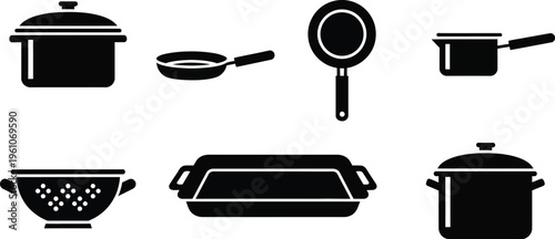 Kitchen cooking utensils stockpot with a lid, frying pan, saucepan, wok or deep cooking bowl, baking tray, and pressure cooker.