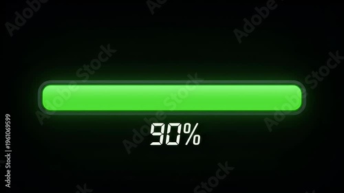 Glowing green progress bar indicates 90% completion on a dark background