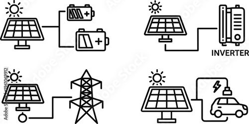 Hand-drawn Solar Power System Icons Set Including Panels, Battery, Inverter, and Grid Connections for Renewable Energy, Sustainability, and Green Tech Designs