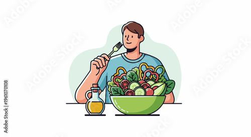 Man eats fresh salad from green bowl with olive oil