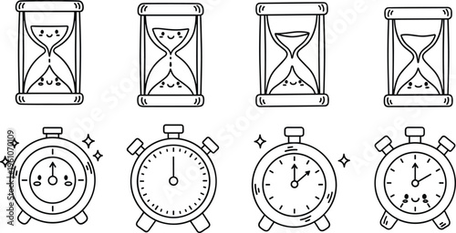 Hand-drawn Time Measurement Icons Set Including Hourglasses, Stopwatch, and Alarm Clocks for Time Management, Productivity, and Clock Design Projects