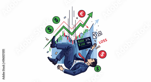 Man falls amidst stock market chart with currency symbols and numbers