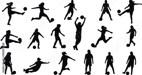 Soccer player silhouettes set football action poses kicking running vector illustration sports collection design