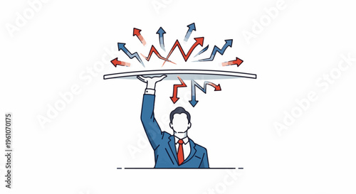 Man in suit holding up a curved surface with arrows pointing up and down