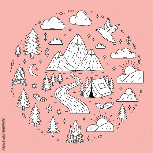 A minimalist illustration of white cartoon pine trees on a soft pink background, conveying a sense of calmness and serenity.