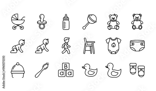 Kids and baby line icons set with stroller pacifier teddy rattle and child editable vector symbols