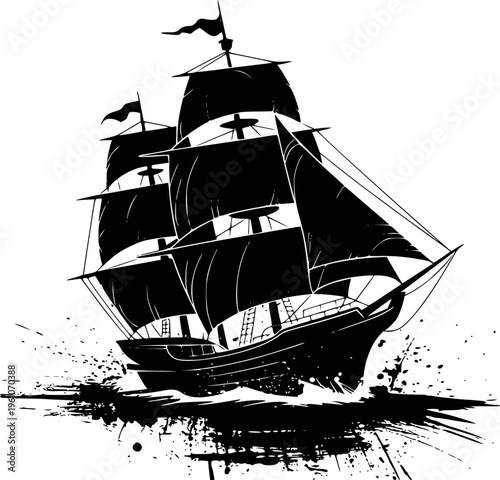 Black silhouette of a sailing ship with tattered sails a white background