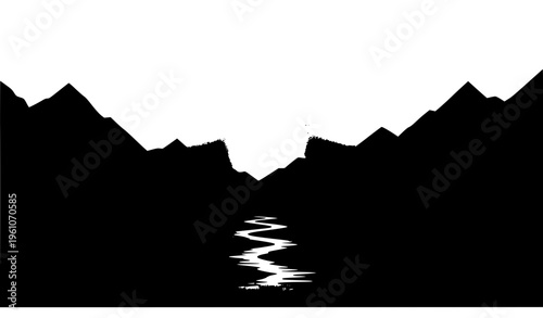 Sunset Mountain Landscape with River Valley Minimal Vector Illustration