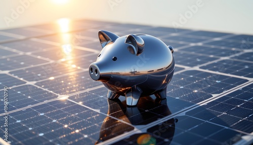 Investing in renewable energy a silver piggy bank on solar panels at sunset conceptual image outdoor viewpoint