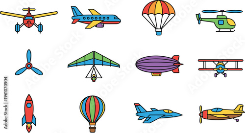 Collection of colorful aircraft including airplanes helicopters rockets balloons and airships vector illustration set for aviation themed design