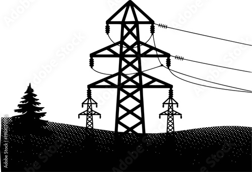 Black silhouette of power transmission towers and a pine tree a white background