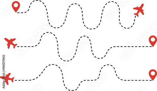 Vector airport pin airplane flight route illustration, start and end point travel tourism concept plane icon dotted line path map pin