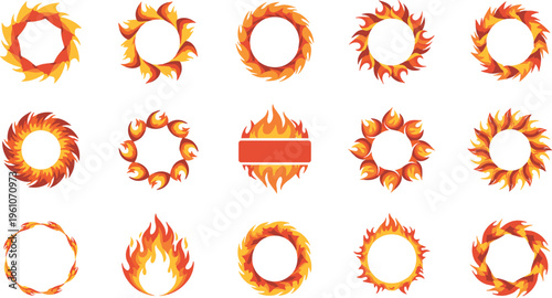 Collection of fire flame rings and circular elements with burning effects vector illustration set for design projects