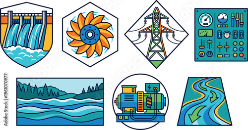Clean renewable energy vector set featuring hydroelectric dam wind turbine power grid control panel river and generator illustrations
