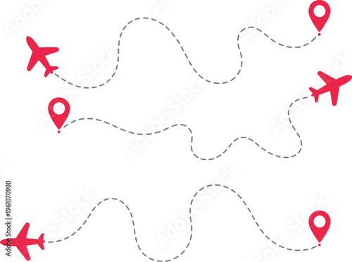 Vector airport pin set airplane flight routes illustration, start and end points travel tourism concept plane icons dotted line paths map pins