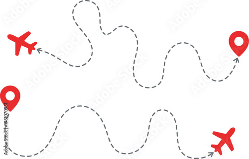 Vector airport pin set airplane flight routes illustration, start and end points travel tourism concept plane icons dotted line paths map pins