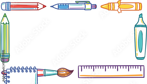 Collection of school stationery items including pencils pen marker notebook ruler and glue vector illustration set design