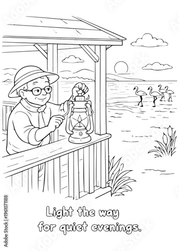 coloring book page grandfather lighting the way for quiet evenings with a flamingo
