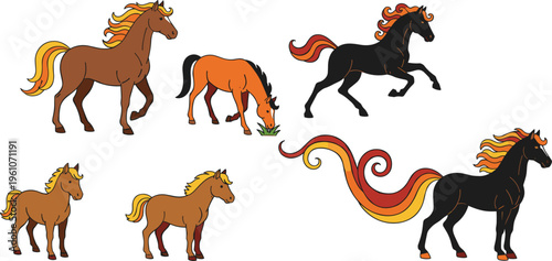 Collection of stylized horses in various poses with flowing manes vector illustration set for fantasy animal design